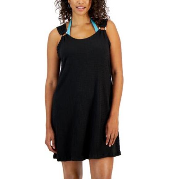 J. Valdi Women's Sleeveless O-Ring Textured Swim Coverup in Black - Picture 1 of 4